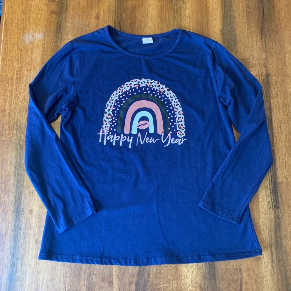 Happy New Year Long Sleeve Tee Large Navy Blue with lettering